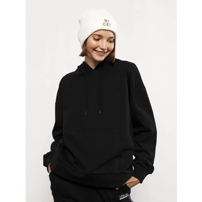 LCW Vision Siyah Kapüşonlu Düz Uzun Kollu Kadın Sweatshirt