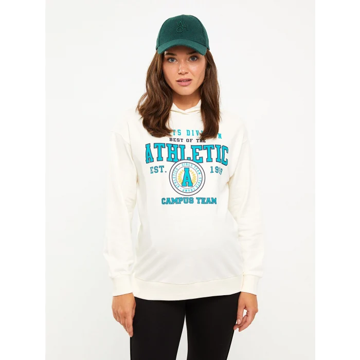 LCWAIKIKI Maternity Ekru Baskılı Uzun Kollu Oversize Hamile Hoodie