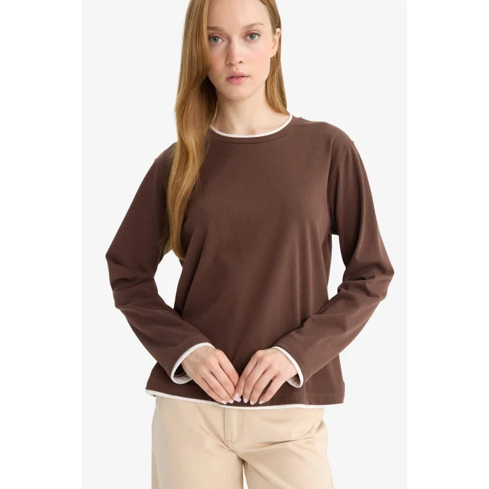 Defacto F9451AXBN341 Kahve Regular Fit Bisiklet Yaka Uzun Kollu Tişört Tunik