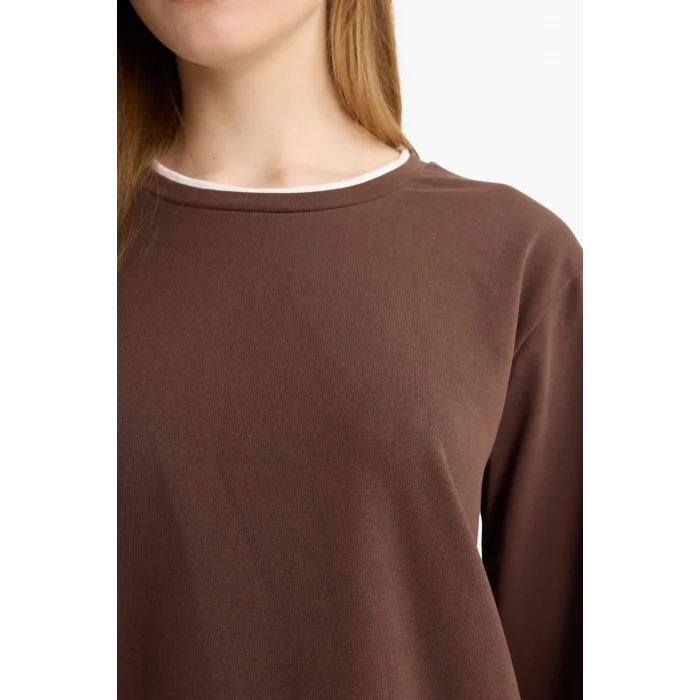 Defacto F9451AXBN341 Kahve Regular Fit Bisiklet Yaka Uzun Kollu Tişört Tunik