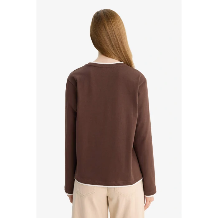 Defacto F9451AXBN341 Kahve Regular Fit Bisiklet Yaka Uzun Kollu Tişört Tunik