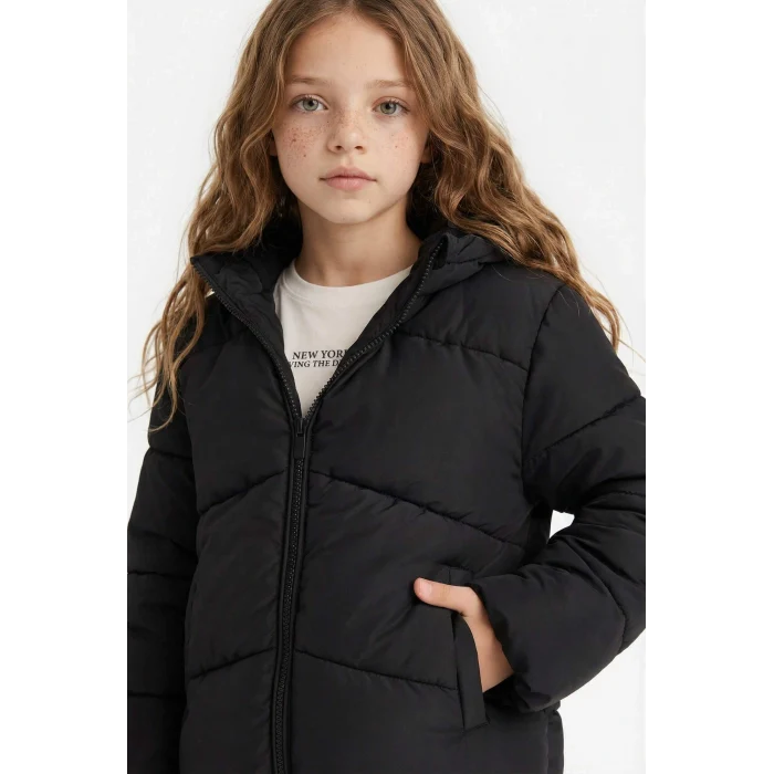 Defacto C5389A8BK27 Siyah Kız Çocuk Su Geçirmez Kapüşonlu Fermuarlı Şişme Mont