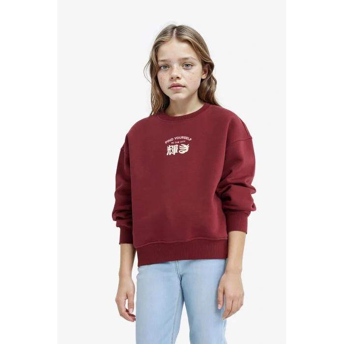 Defacto E6779A8BR469 Bordo Kız Çocuk Relax Fit Bisiklet Yaka Baskılı İçi Yumuşak Tüylü Sweatshirt