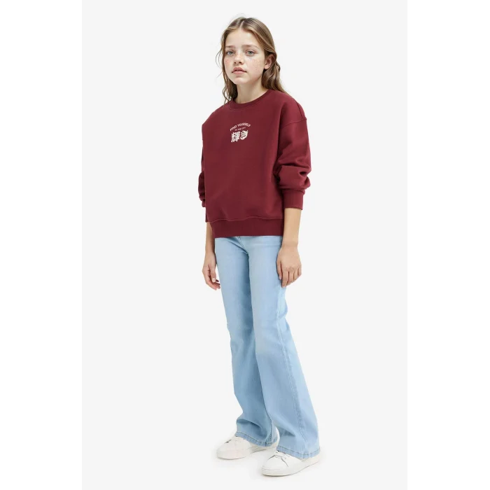 Defacto E6779A8BR469 Bordo Kız Çocuk Relax Fit Bisiklet Yaka Baskılı İçi Yumuşak Tüylü Sweatshirt