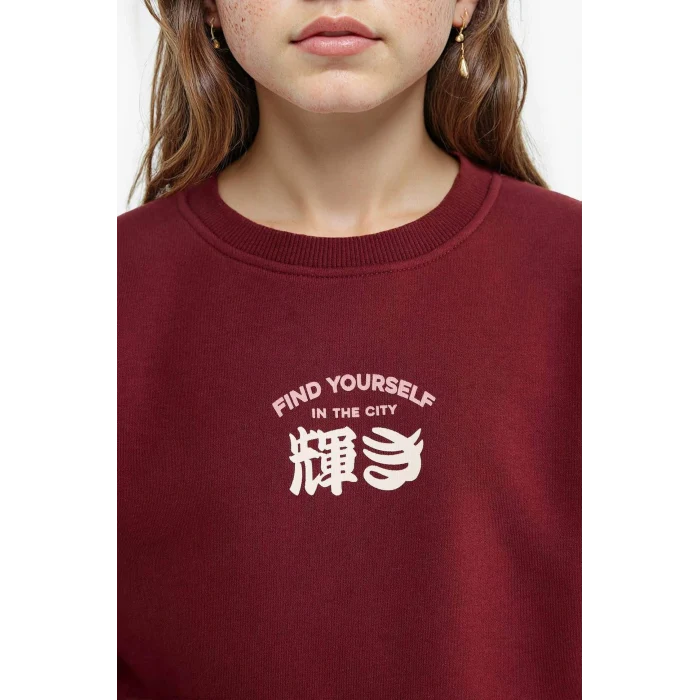 Defacto E6779A8BR469 Bordo Kız Çocuk Relax Fit Bisiklet Yaka Baskılı İçi Yumuşak Tüylü Sweatshirt