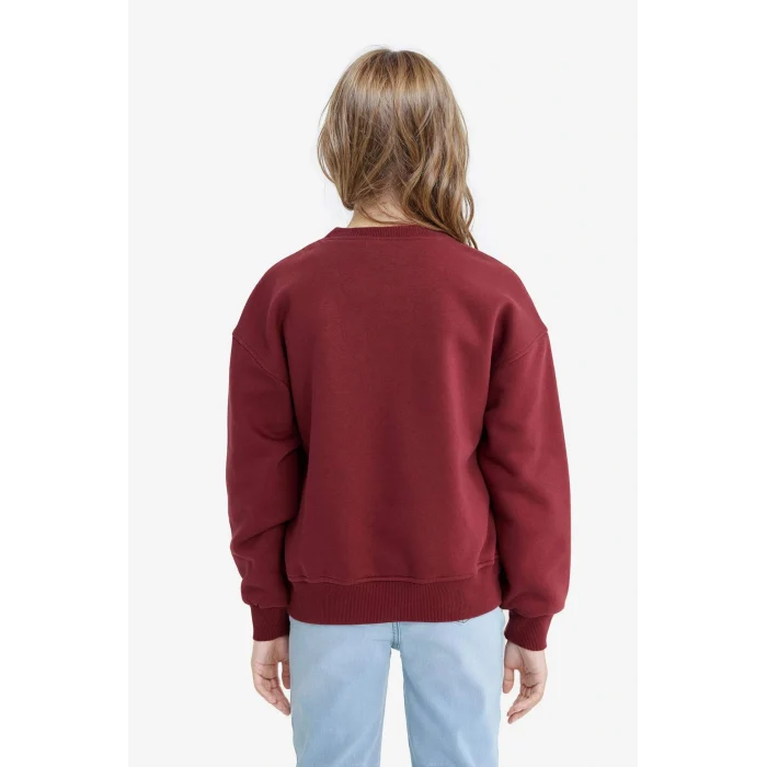 Defacto E6779A8BR469 Bordo Kız Çocuk Relax Fit Bisiklet Yaka Baskılı İçi Yumuşak Tüylü Sweatshirt