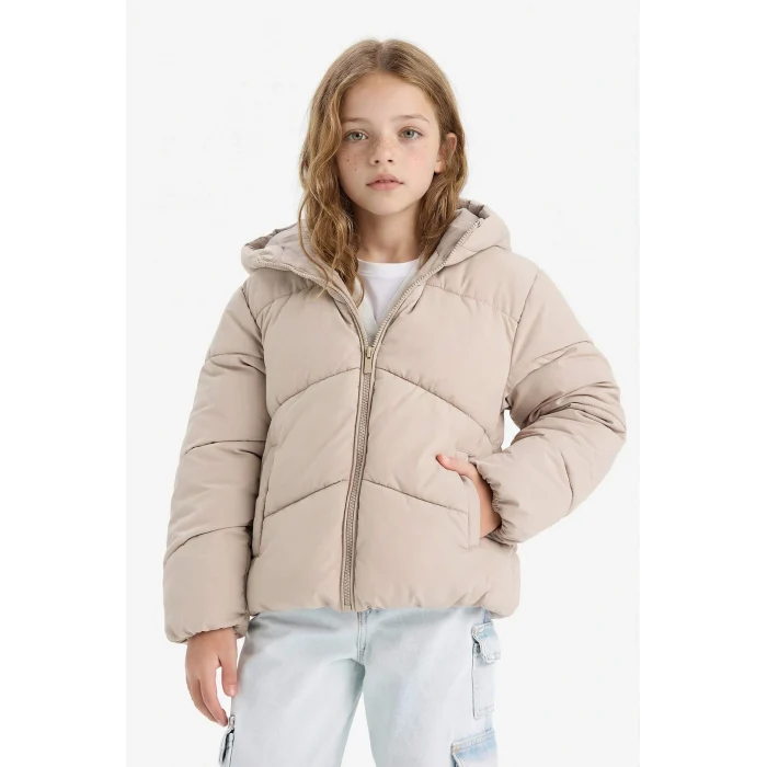 Defacto C5389A8ER37 Ekru Kız Çocuk Su Geçirmez Kapüşonlu Fermuarlı Şişme Mont