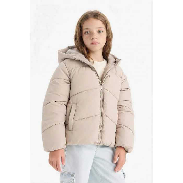 Defacto C5389A8ER37 Ekru Kız Çocuk Su Geçirmez Kapüşonlu Fermuarlı Şişme Mont