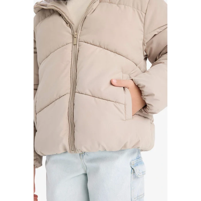 Defacto C5389A8ER37 Ekru Kız Çocuk Su Geçirmez Kapüşonlu Fermuarlı Şişme Mont