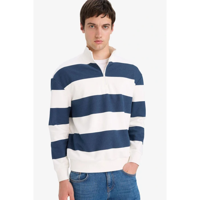 Defacto C7045AXNV94 Lacivert Boxy Fit Dik Yaka Yarım Fermuarlı Çizgili Sweatshirt