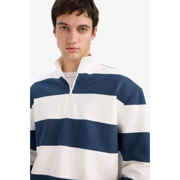 Defacto C7045AXNV94 Lacivert Boxy Fit Dik Yaka Yarım Fermuarlı Çizgili Sweatshirt