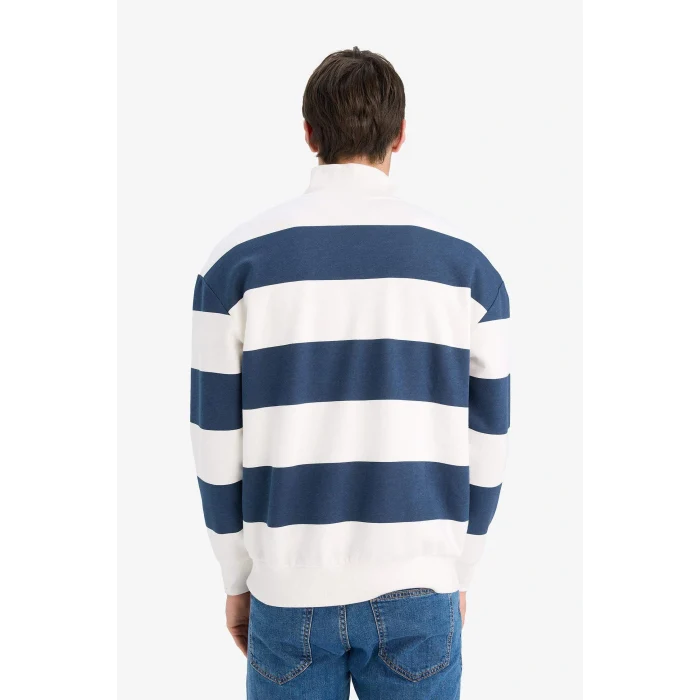 Defacto C7045AXNV94 Lacivert Boxy Fit Dik Yaka Yarım Fermuarlı Çizgili Sweatshirt