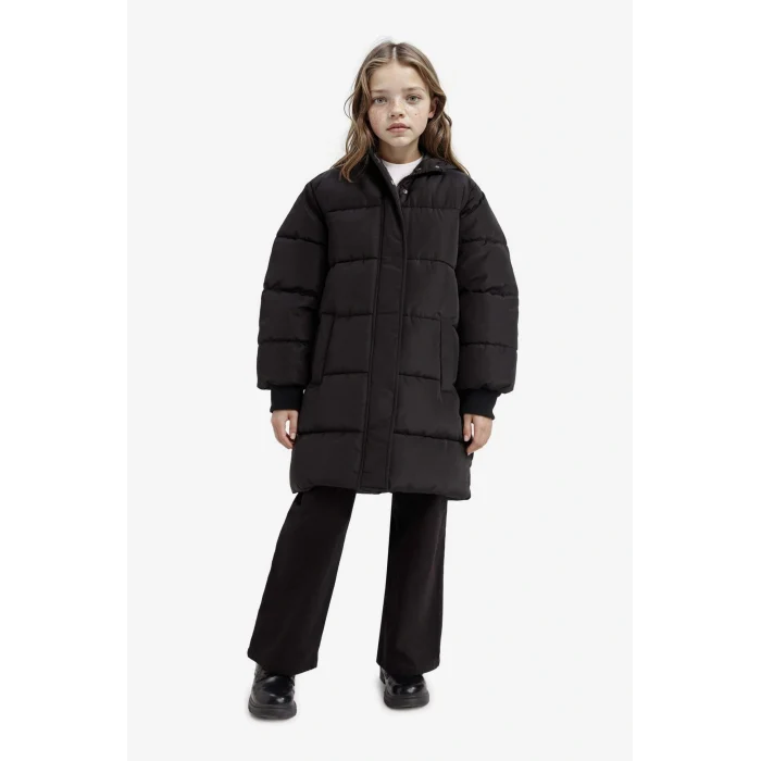 Defacto E7031A8BK27 Siyah Kız Çocuk Su Geçirmez Kapüşonlu Fermuarlı Parka