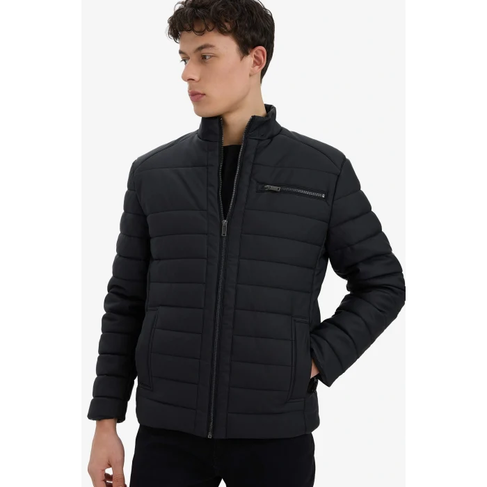 Defacto X4014AZBK27 Siyah Su İtici Slim Fit Dar Kesim Dik Yaka Fermuarlı İç Cepli Suni Deri Ceket Mont