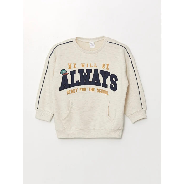 LCW Kids Ekru Bisiklet Yaka Baskılı Erkek Çocuk Sweatshirt