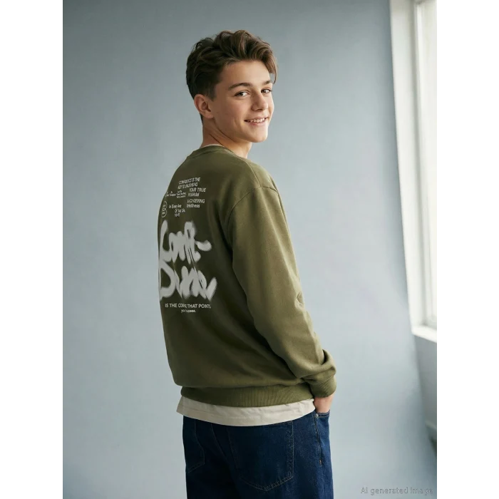 LCW Kids Yeşil Bisiklet Yaka Baskılı Erkek Çocuk Sweatshirt