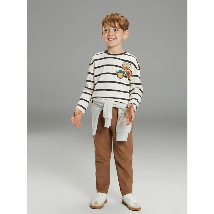 LCW Kids Bej Bisiklet Yaka Baskılı Uzun Kollu Erkek Çocuk Tişört