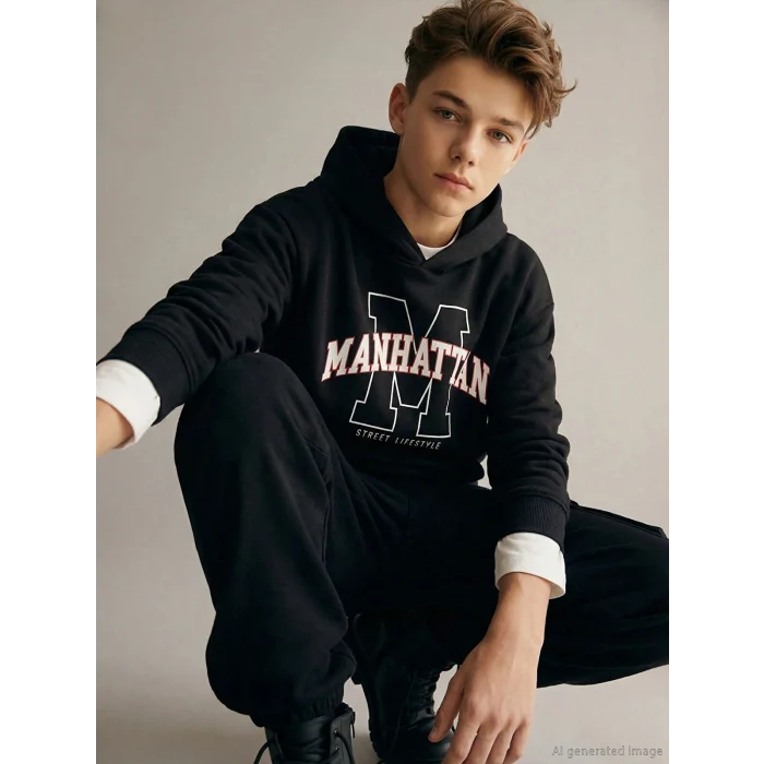 LCW Kids Siyah Kapüşonlu Baskılı Erkek Çocuk Sweatshirt