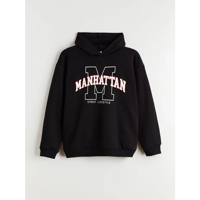 LCW Kids Siyah Kapüşonlu Baskılı Erkek Çocuk Sweatshirt