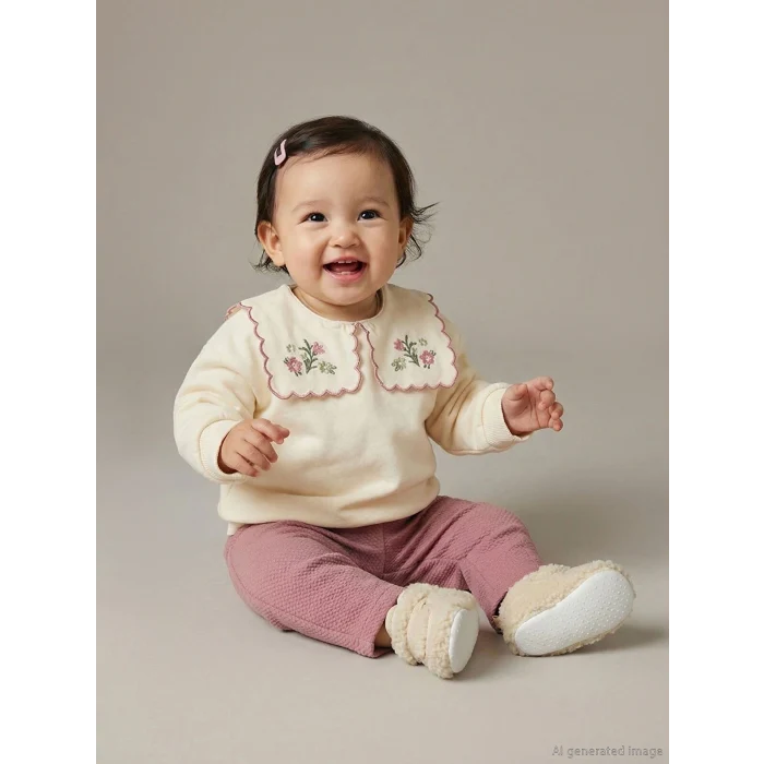 LCW baby Ekru Bebe Yaka Kız Bebek Bluz ve Pantolon