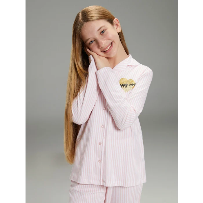 LCW Kids Beyaz Gömlek Yaka Kız Çocuk Pijama Takımı