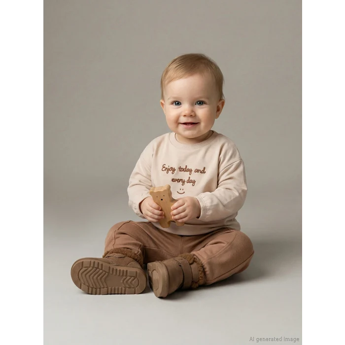 LCW baby Bej Bisiklet Yaka Erkek Bebek Sweatshirt ve Eşofman Alt