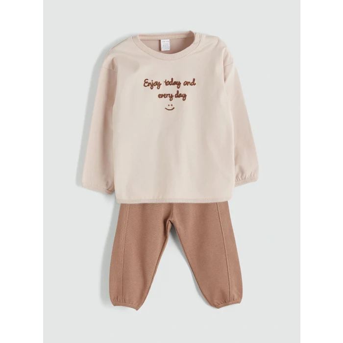 LCW baby Bej Bisiklet Yaka Erkek Bebek Sweatshirt ve Eşofman Alt