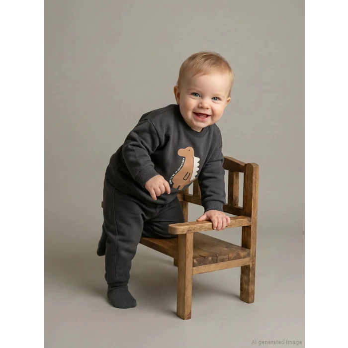 LCW baby Gri Dinozor Baskılı Erkek Bebek Sweatshirt ve Eşofman Altı