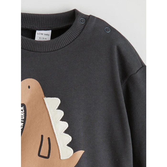 LCW baby Gri Dinozor Baskılı Erkek Bebek Sweatshirt ve Eşofman Altı