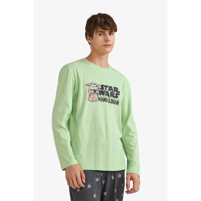 Defacto F7497AXGN693 Yeşil Star Wars-Mandalorian Pijama Takımı Uzun Kollu Üst Uzun Alt