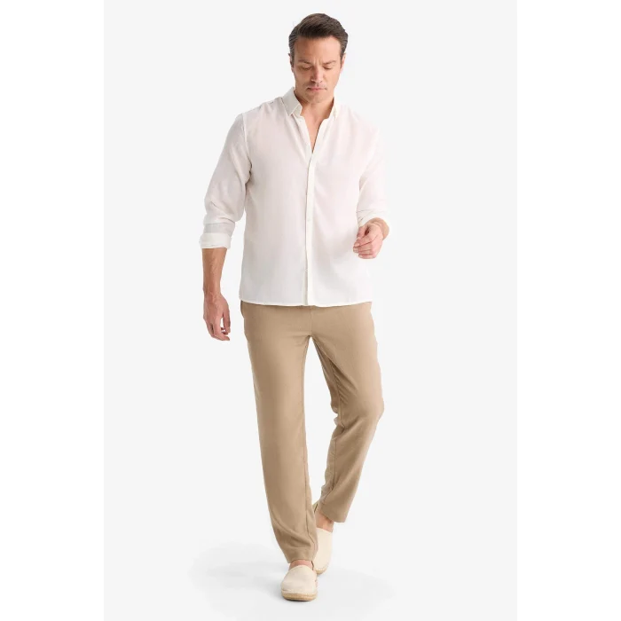 Defacto E4790AXBN295 Kahve Relax Fit Kısa Paça Keten Görünümlü Beli Bağcıklı Lastikli Cepli Pantolon