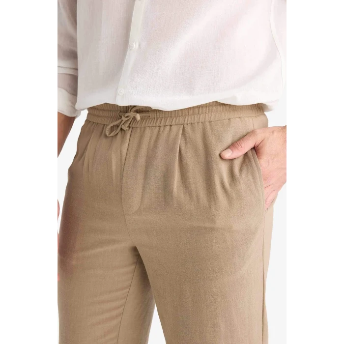Defacto E4790AXBN295 Kahve Relax Fit Kısa Paça Keten Görünümlü Beli Bağcıklı Lastikli Cepli Pantolon