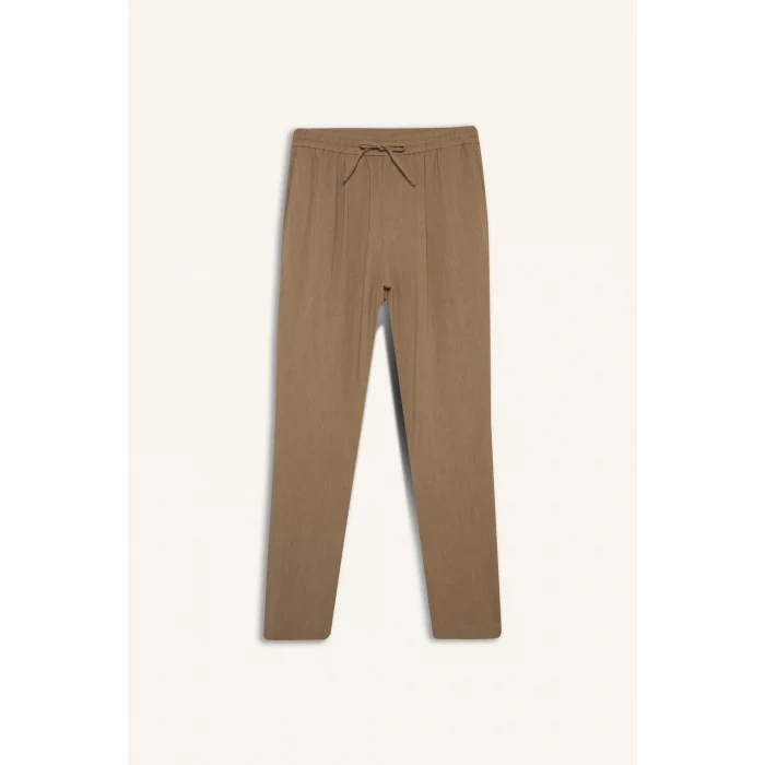 Defacto E4790AXBN295 Kahve Relax Fit Kısa Paça Keten Görünümlü Beli Bağcıklı Lastikli Cepli Pantolon