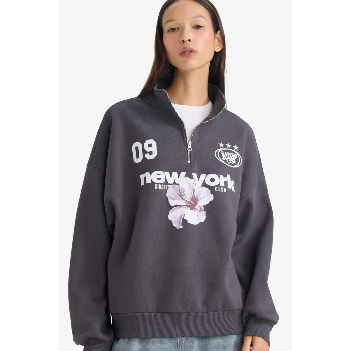 Defacto G5538AXAR191 Antrasit Regular Fit Dik Yaka Yarım Fermuarlı Baskılı Sweatshirt