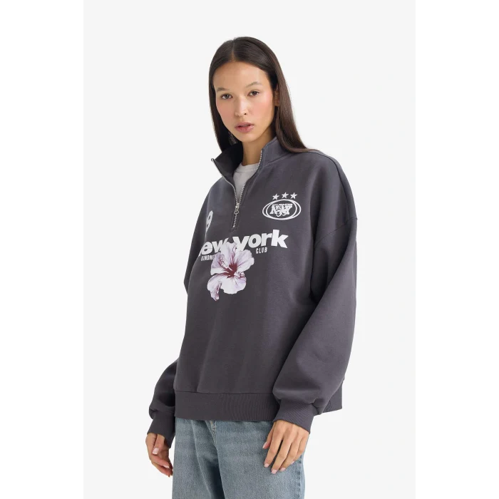 Defacto G5538AXAR191 Antrasit Regular Fit Dik Yaka Yarım Fermuarlı Baskılı Sweatshirt