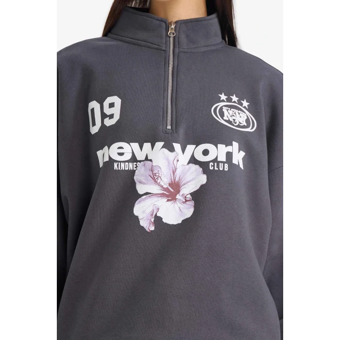 Defacto G5538AXAR191 Antrasit Regular Fit Dik Yaka Yarım Fermuarlı Baskılı Sweatshirt