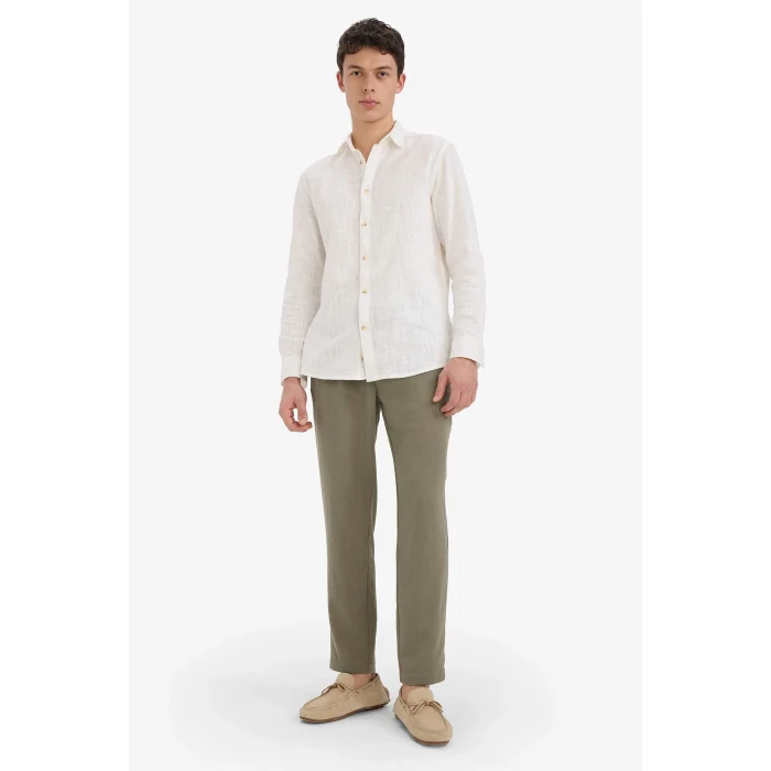 Defacto E4790AXKH465 Haki Relax Fit Kısa Paça Keten Görünümlü Beli Bağcıklı Lastikli Cepli Pantolon