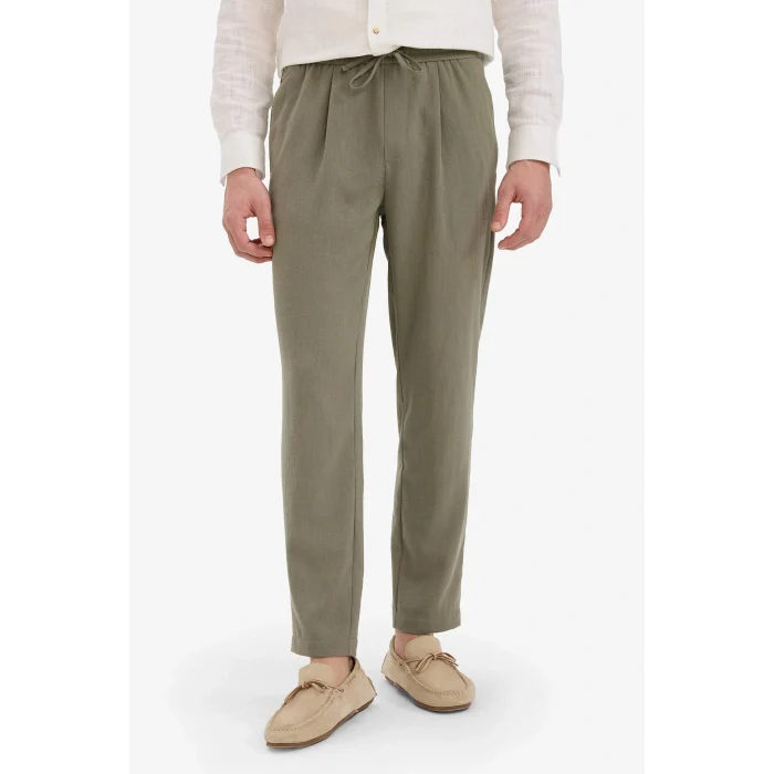 Defacto E4790AXKH465 Haki Relax Fit Kısa Paça Keten Görünümlü Beli Bağcıklı Lastikli Cepli Pantolon