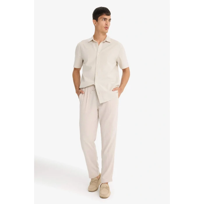 Defacto E4790AXER22 Ekru Relax Fit Kısa Paça Keten Görünümlü Beli Bağcıklı Lastikli Cepli Pantolon