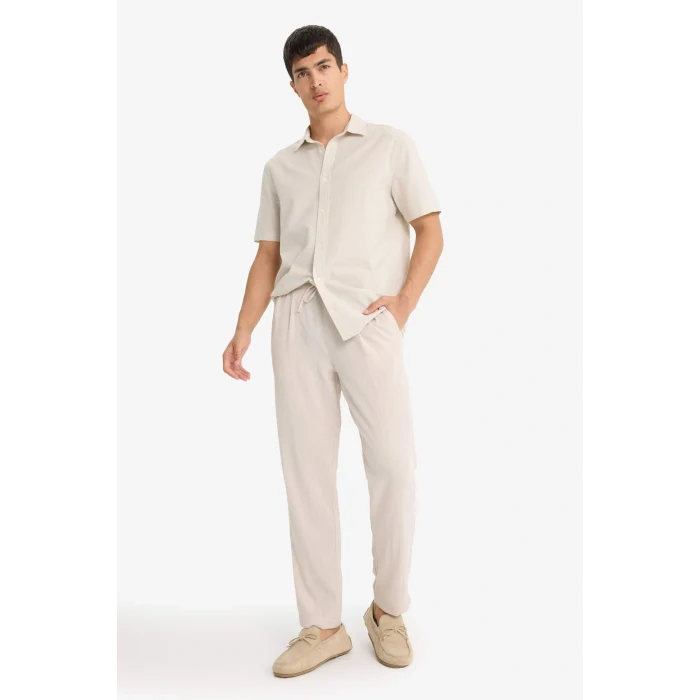 Defacto E4790AXER22 Ekru Relax Fit Kısa Paça Keten Görünümlü Beli Bağcıklı Lastikli Cepli Pantolon