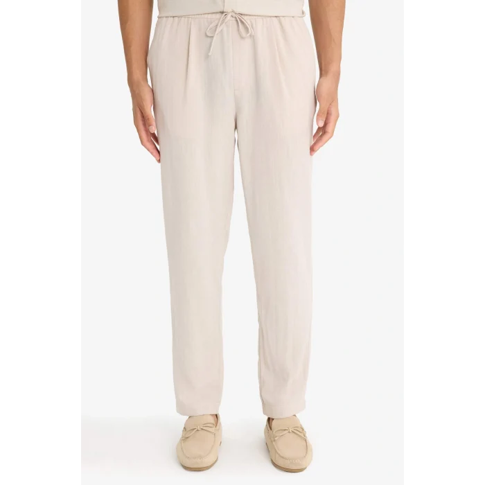 Defacto E4790AXER22 Ekru Relax Fit Kısa Paça Keten Görünümlü Beli Bağcıklı Lastikli Cepli Pantolon