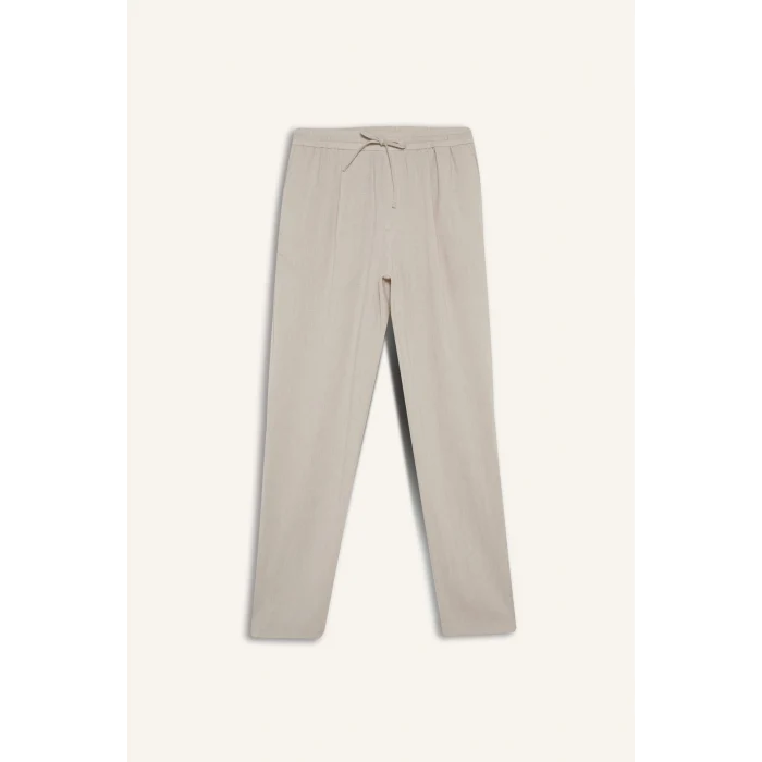 Defacto E4790AXER22 Ekru Relax Fit Kısa Paça Keten Görünümlü Beli Bağcıklı Lastikli Cepli Pantolon