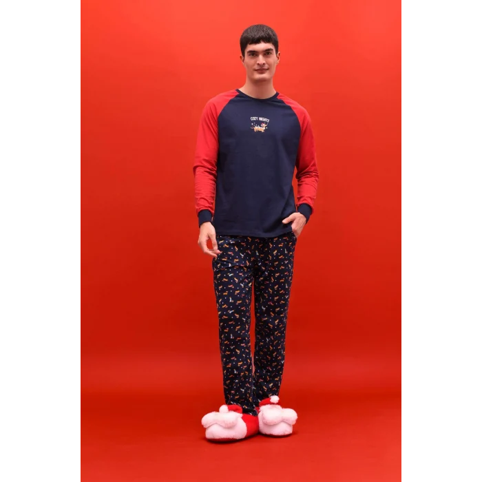 Defacto G2905AXNV135 Lacivert Pijama Takımı Regular Fit Baskılı Uzun Kollu Üst Uzun Alt