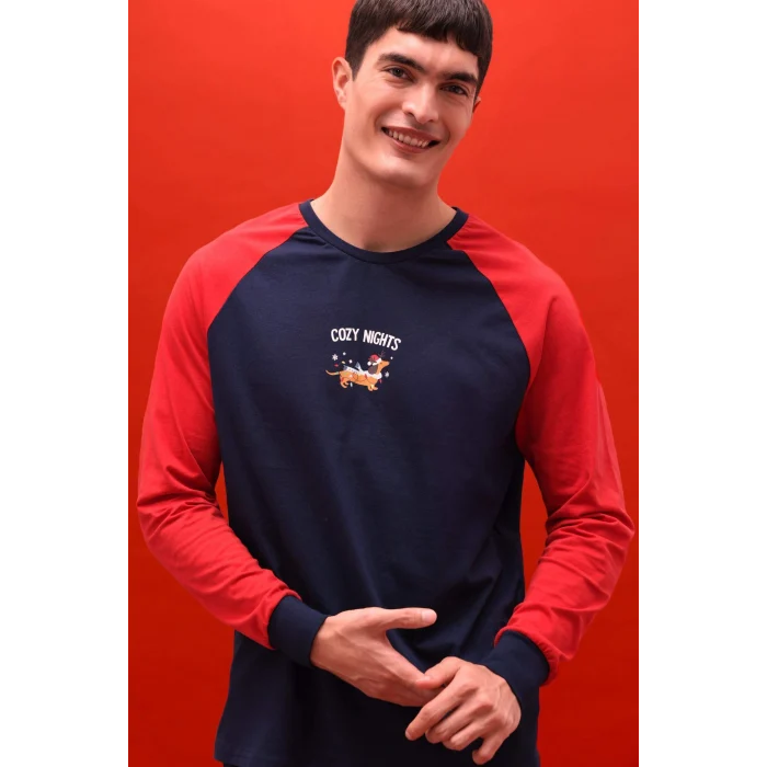 Defacto G2905AXNV135 Lacivert Pijama Takımı Regular Fit Baskılı Uzun Kollu Üst Uzun Alt