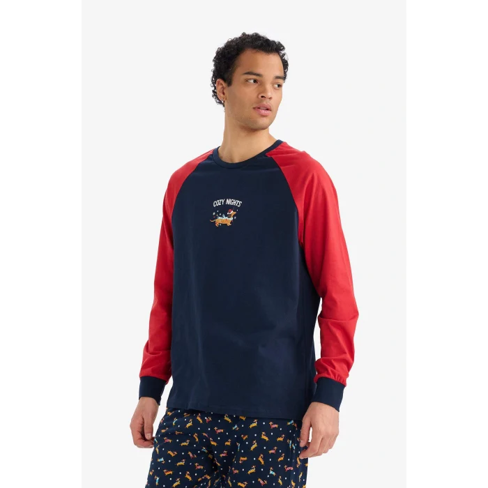 Defacto G2905AXNV135 Lacivert Pijama Takımı Regular Fit Baskılı Uzun Kollu Üst Uzun Alt