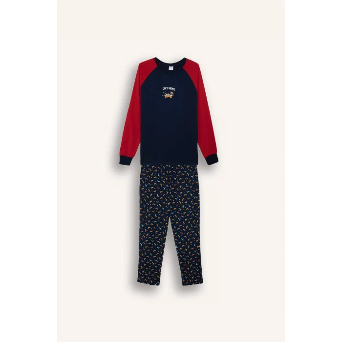 Defacto G2905AXNV135 Lacivert Pijama Takımı Regular Fit Baskılı Uzun Kollu Üst Uzun Alt
