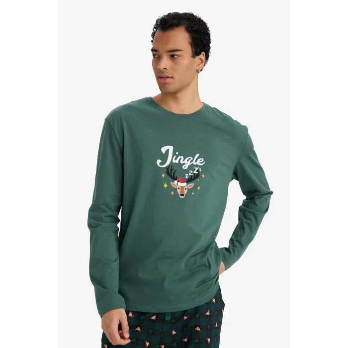 Defacto G2935AXGN1259 Yeşil Yılbaşı Temalı Pijama Takımı Regular Fit Uzun Kollu Üst Uzun Alt