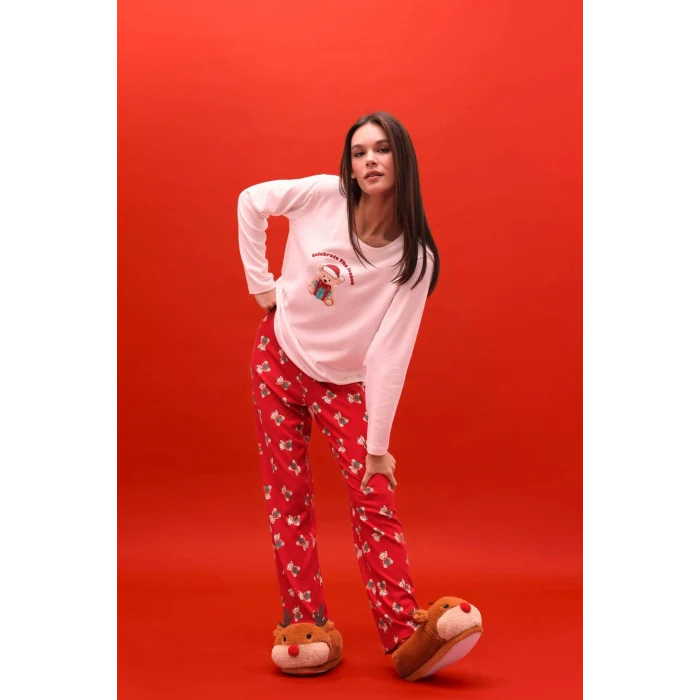 Defacto G0233AXRD256 Kırmızı Yılbaşı Temalı Regular Fit Uzun Kollu Üst Uzun Alt