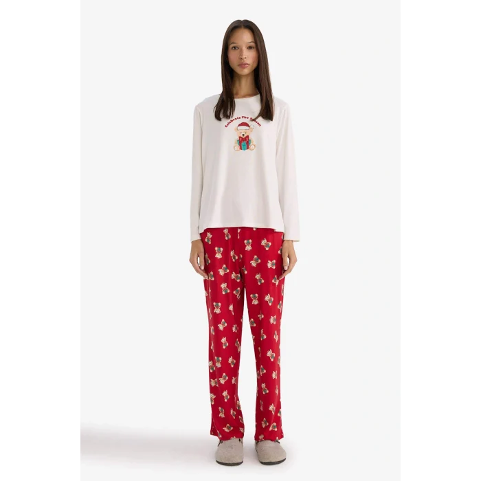 Defacto G0233AXRD256 Kırmızı Yılbaşı Temalı Regular Fit Uzun Kollu Üst Uzun Alt