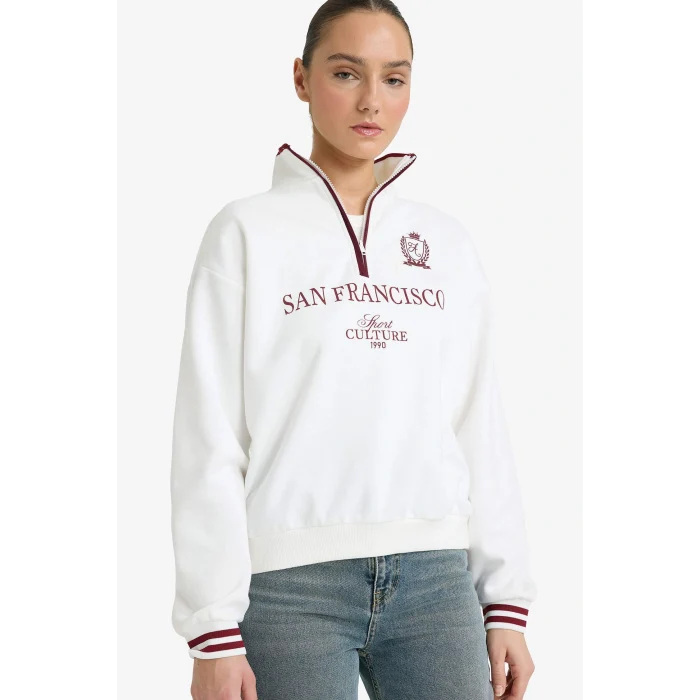 Defacto G7048AXER238 Ekru Relax Fit Polo Yaka Baskılı Kalın Sweatshirt